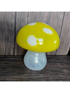 Yellow and White Art Glass Mushroom, Polka Dots, 6" Toadstool Fairy Lamp, Retro